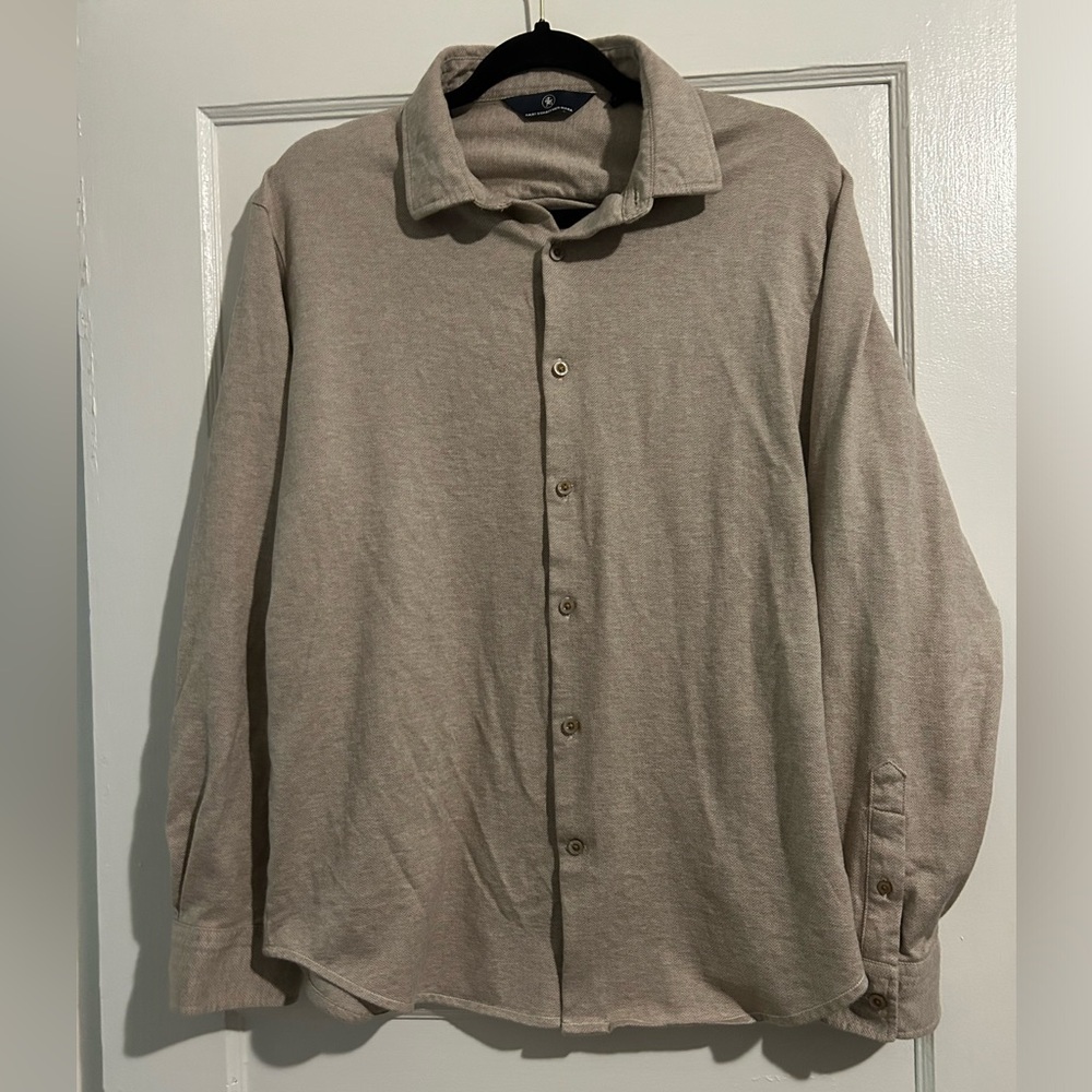 Hart Schaffer Marx Soft Cotton Textured Herringbone Patterned Tan Button Down